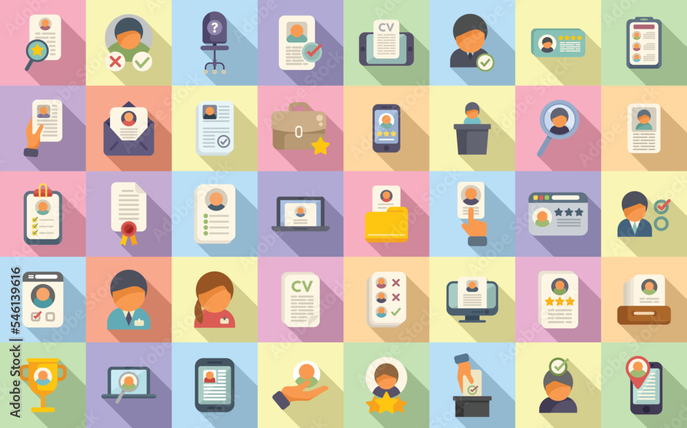 Candidate icons set flat vector. Work team. Man job Candidate icons set flat vector. Work team. Man job