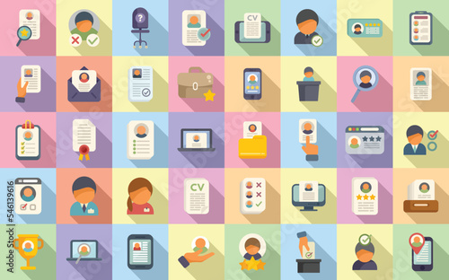 Candidate icons set flat vector. Work team. Man job