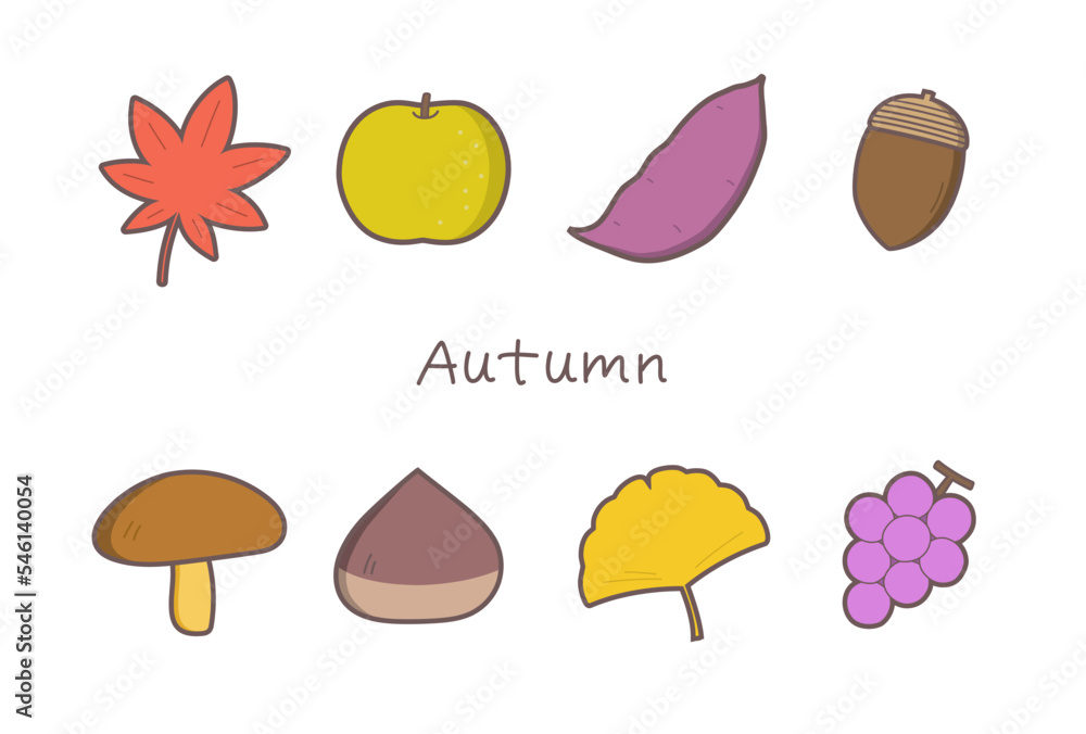 Fototapeta premium 秋の紅葉・味覚のカラーイラストセット