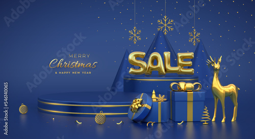 SALE banner. Scene and 3D round platforms on blue background. Golden Sale balloon word. Pedestal with gift boxes, golden deers, snowflakes, balls, metallic pine, cone spruce trees. Vector illustration