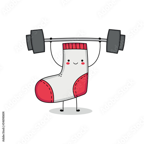 Cute sock cartoon character weight lifting