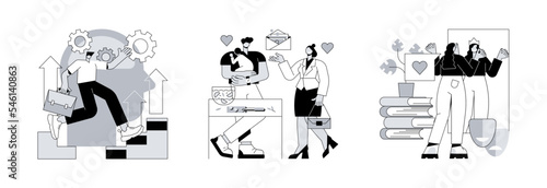 Human capital abstract concept vector illustration set. Personal development, social role, self-image, gender stereotypes, career growth, self improvement, coach, modern family abstract metaphor.