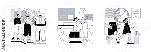 Social movement abstract concept vector illustration set. Mass protest, online activism, public backlash, political rights, racial equity, social media, bias and discrimination abstract metaphor.