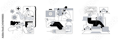 Digital counseling and mental help abstract concept vector illustration set. Telehealth, online therapy and church, social distancing, worship services, social distancing admission abstract metaphor.