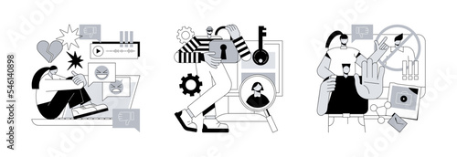 Internet harassment abstract concept vector illustration set. Cyberbullying and doxing, cancel culture, private content, celebrity shaming, hacker attack, social media boycott abstract metaphor.