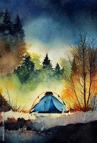 Watercolor Background for Camping, Camping Watercolor Background, Camping watercolor wallpaper © michael