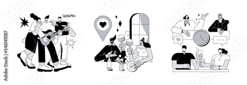 Hangouts abstract concept vector illustration set. Friends meeting, romantic blind date, leisure time, soul mate, romantic relationship, love story, Valentine day, restaurant abstract metaphor.