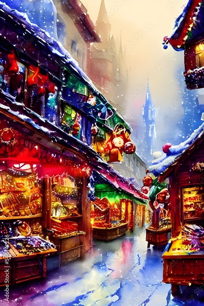 It's evening, and the Christmas market is bustling with people. The air is cold and crisp, and the scent of cinnamon wafts through the air. There are rows upon rows of stalls, each one decorated with 