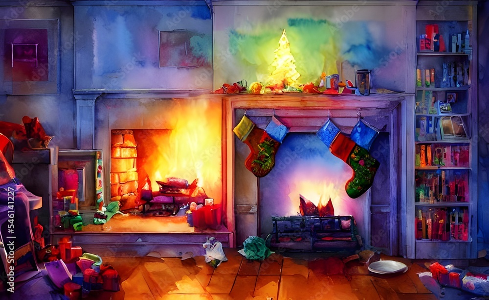 A fireplace with Christmas decorations surrounding it. There is a garland wrapped around the mantelpiece, pinecones and red berries placed along the hearth, and two stockings hung on either side of th
