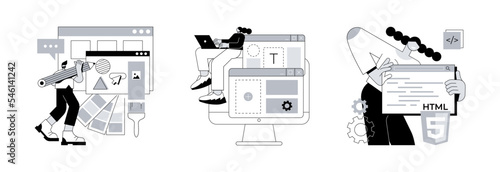 Website building service abstract concept vector illustration set. Web design, website template, HTML5 development, landing page, interface, user experience, constructor platform abstract metaphor.