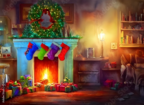 The fireplace is adorned with garlands and red ribbons. A wreath hangs above the mantel, and candles flicker in the windows. The Christmas tree stands beside the fireplace, its branches laden with lig