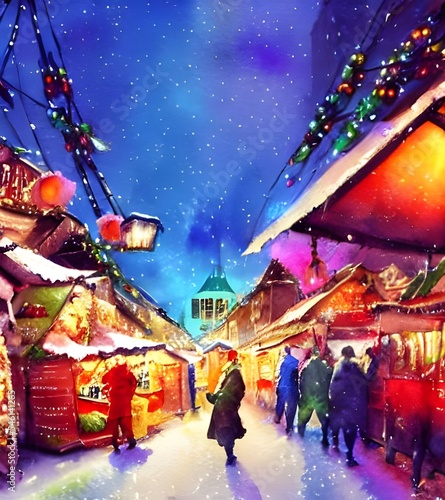 The Christmas market is bustling with people. The air is alive with the sound of laughter and music. The stalls are decked out in festive finery, and the smell of mulled wine and gingerbread fills the
