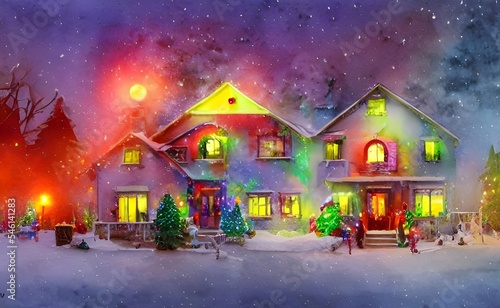 The house is decorated with lights and garland. The Christmas tree stands in the front window, shining brightly.