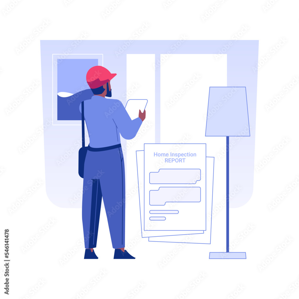 Home inspection report isolated concept vector illustration. Home inspection service worker writing a report, description of private house state, property safety providing vector concept. Home inspection report isolated concept vector illustration. Home inspection service worker writing a report, description of private house state, property safety providing vector concept.