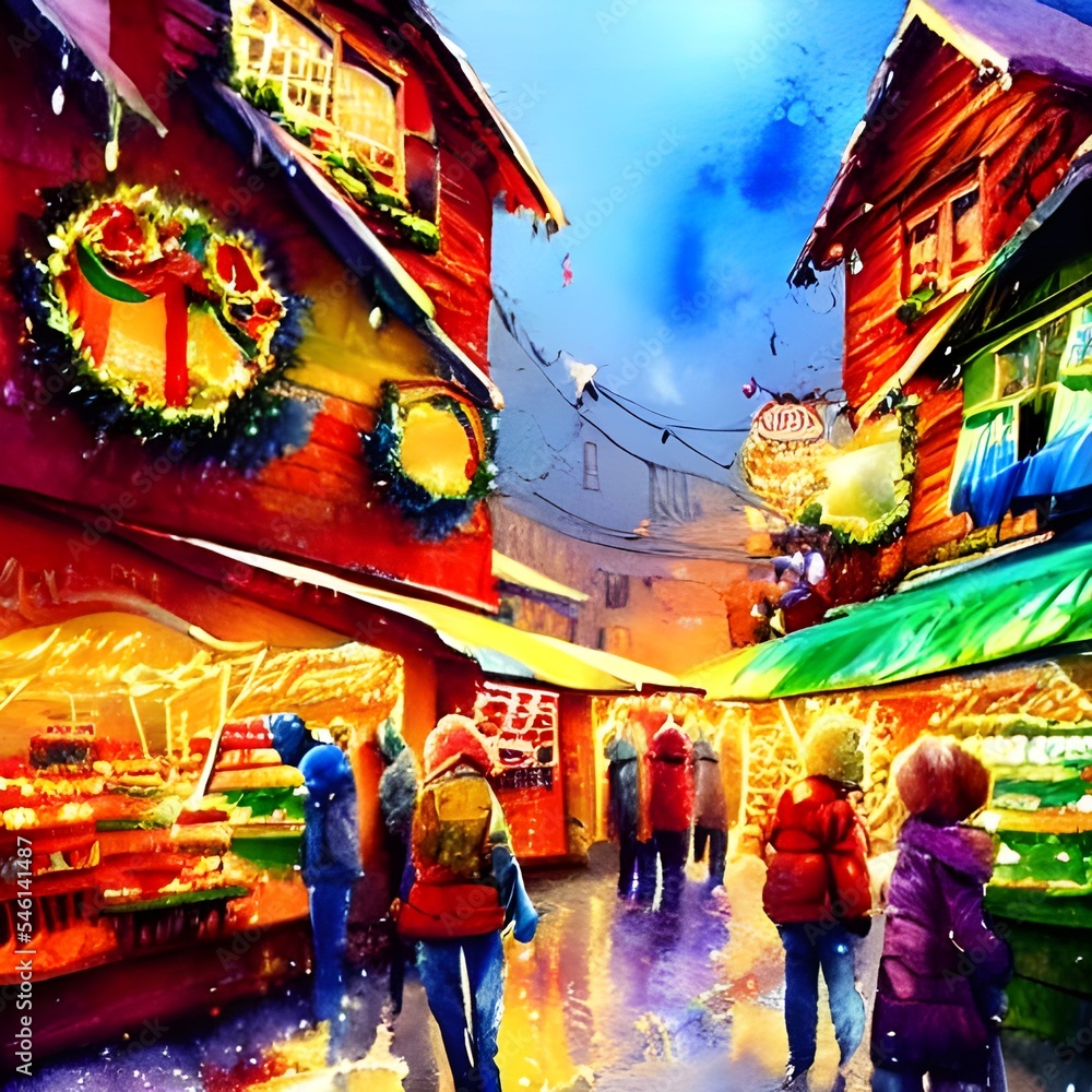 The snow is gently falling and the Christmas lights are twinkling. The market stalls are selling mulled wine, hot chocolate and roasted chestnuts. There's a friendly atmosphere as people wander around The snow is gently falling and the Christmas lights are twinkling. The market stalls are selling mulled wine, hot chocolate and roasted chestnuts. There's a friendly atmosphere as people wander around