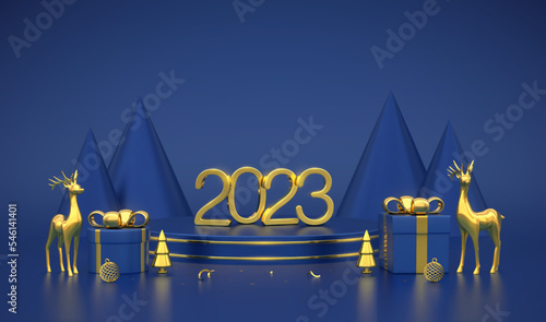 Happy New 2023 Year. 3D Golden metallic numbers 2023 on blue stage podium. Scene, round platform with gift boxes, realistic golden deers, balls, metallic pine spruce trees on blue background. Vector.