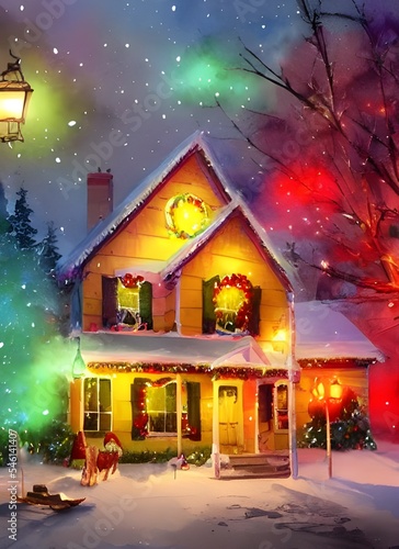 The house is adorned with Christmas lights and decorations. The tree stands tall in the living room, surrounded by presents. Snowflakes drift down from the sky, catching on the housetop and windowsill