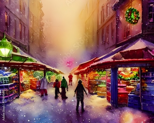 The air is thick with the smell of gingerbread and roasting chestnuts. Strings of tiny white lights illuminate the booths selling handmade gifts,- wooden toys, ceramics, delicate glass ornaments. In t © dreamyart