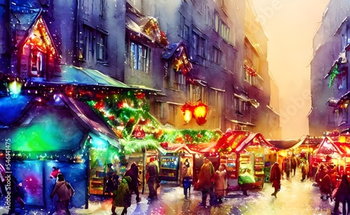 It's a cold but clear Christmas evening, and the market is packed with people enjoying hot drinks and browsing stalls selling handmade gifts and festive food. Fairy lights twinkle everywhere, adding t