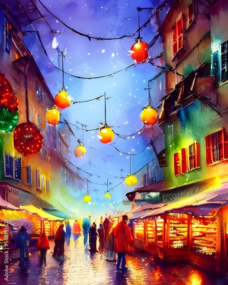 The Christmas market is in full swing, with people milling around the stalls and enjoying the festive atmosphere. The air is thick with the smell of mulled wine and grilled meats, and the twinkling li
