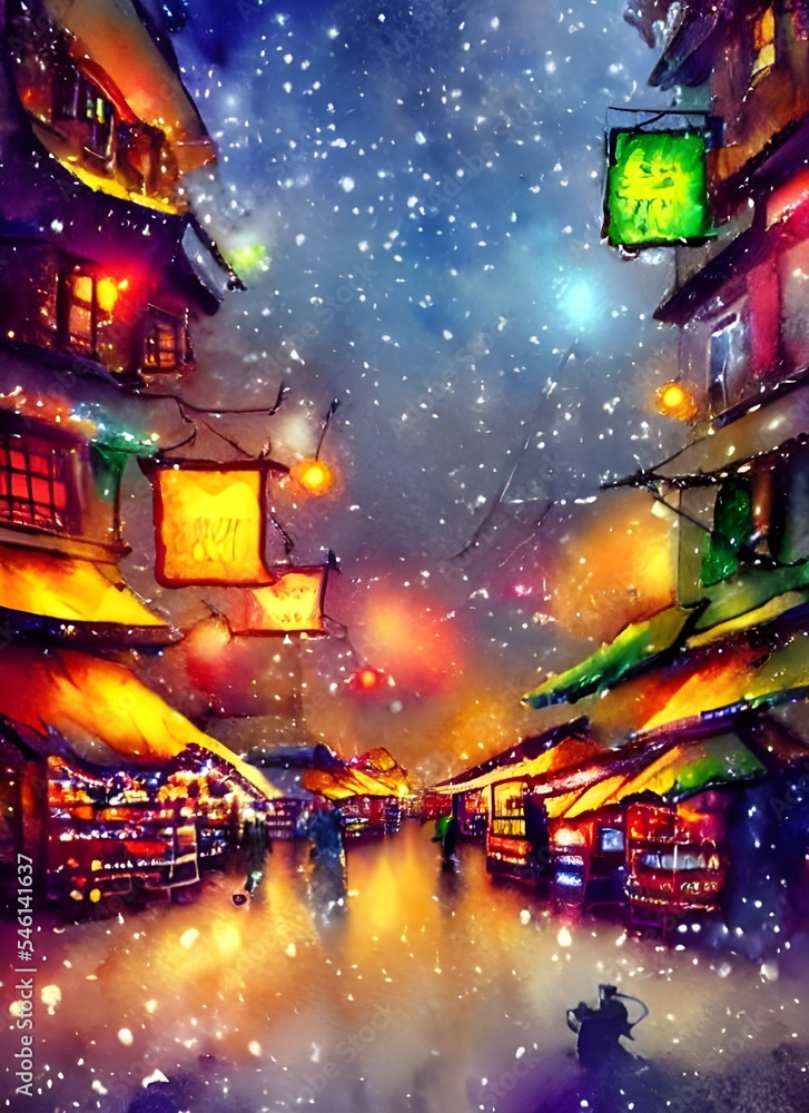 Obraz premium The Christmas market is open for the evening, and people are milling around enjoying the festive atmosphere. The stalls are selling all sorts of trinkets and seasonal treats, and there's a warm feelin