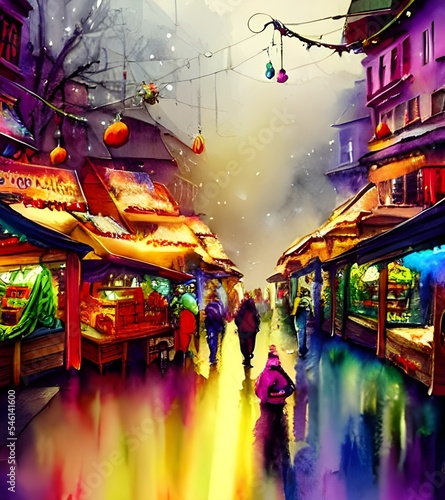 The Christmas market is bustling with people. The smell of roasted chestnuts and gingerbread fill the air. Strings of lights illuminate the stalls selling handmade gifts, toys and ornament. There's a  © dreamyart