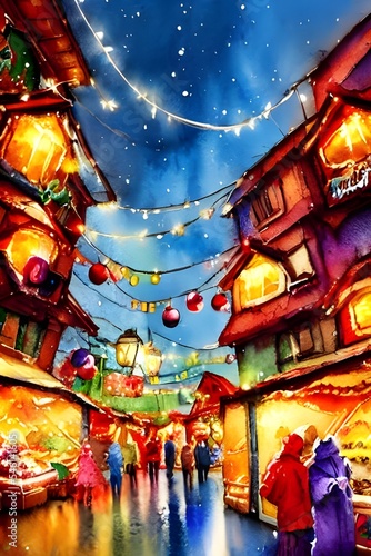 The Christmas market is bustling with people and the air is thick with the smell of gingerbread. Strings of lights crisscross overhead, casting a warm glow over the scene. The stalls are decked out in