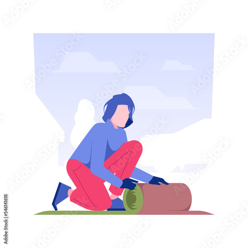 Laying turf isolated concept vector illustration. Uniform dressed gardener laying turf, exterior works, lawn maintenance, meadow unroll, landscaping process, grass installation vector concept.