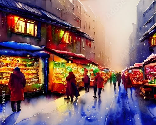 The Christmas market is bustling with people and alive with the sound of laughter. Strings of lights brighten the darkness, and the air smells of spicy mulled wine. Stalls are selling everything from  © dreamyart