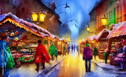 The Christmas market is teeming with people and the air is thick with the smell of cinnamon. The stalls are laden with all sorts of festive treats, from gingerbread to mulled wine. twinkling lights il © dreamyart