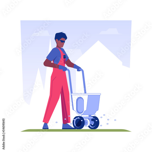 Lawn fertilization isolated concept vector illustration. Gardener in uniform deals with lawn fertilization using special equipment, exterior works, meadow maintenance vector concept.
