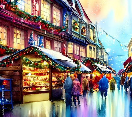 The Christmas market is in full swing, with people milling around the stalls and enjoying the festive atmosphere. The air is thick with the scent of mulled wine and gingerbread, and there's a real sen