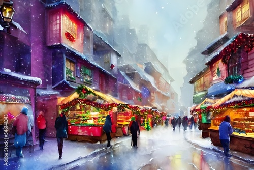 It's a cold, winter evening and the Christmas market is in full swing. The air is filled with the smell of freshly baked cookies and mulled wine. Brightly coloured lights twinkle everywhere you look,  © dreamyart