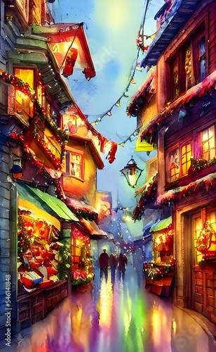 The Christmas market is bustling with people and the air is filled with the scent of mulled wine. The stalls are decorated with twinkling lights and there's a festive atmosphere in the air. © dreamyart