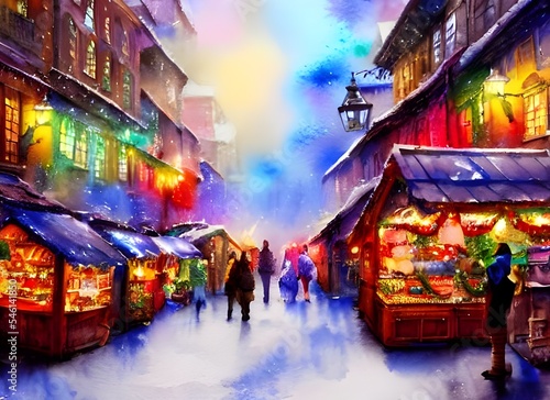 The Christmas market is bustling with people, the air thick with the scent of roasted chestnuts and mulled wine. There's a feeling of excitement in the air, children laughing as they run around whilst © dreamyart