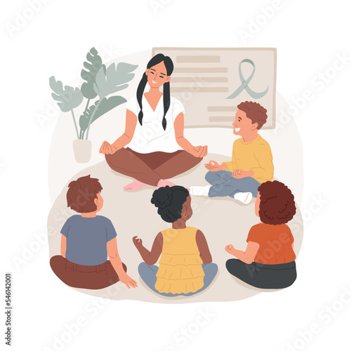 World mental health day isolated cartoon vector illustration. Children practice mindfulness exercises, sit on classroom floor, world mental health week, green solidarity ribbon vector cartoon.