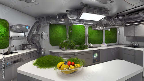 Fototapeta Naklejka Na Ścianę i Meble -  futuristic kitchen, sci-fi room with robotic equipment and herbs