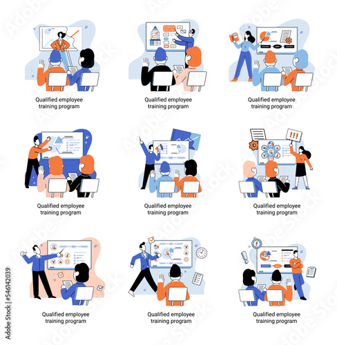 Qualified employee training program. Refresher course metaphor. Help in professional development. Learning for software development and growth. Agile project management team project life scrum meeting