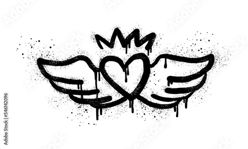 Spray painted graffiti flying heart with wings icon in black over white. Heart with wings drip symbol. isolated on white background. vector illustration