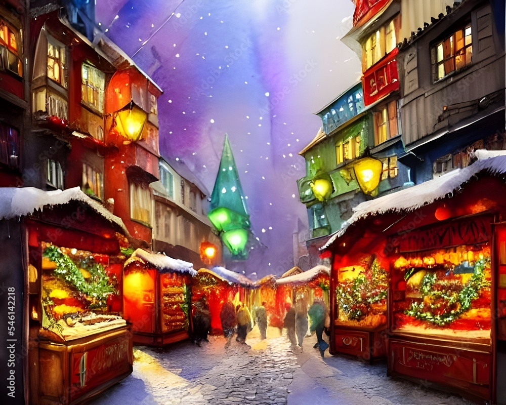 The Christmas market is bustling with people buying presents and enjoying the festive atmosphere. The stalls are decorated with lights and there's a real sense of excitement in the air.