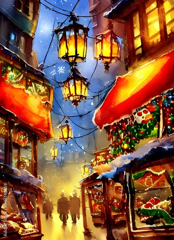 Naklejka premium In the Christmas market evening, the air is full of excitement and joy. The stalls are decorated with lights and there's a feeling of warmth in the air. People are laughing and chatting as they wander