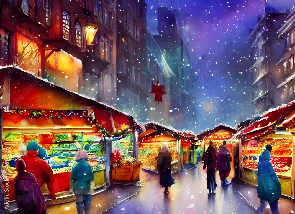 Obraz premium It's a cold winter evening and the Christmas market is in full swing. The air is filled with the smell of cinnamon and mulled wine, and the sound of laughter and chatter. There are fairy lights everyw