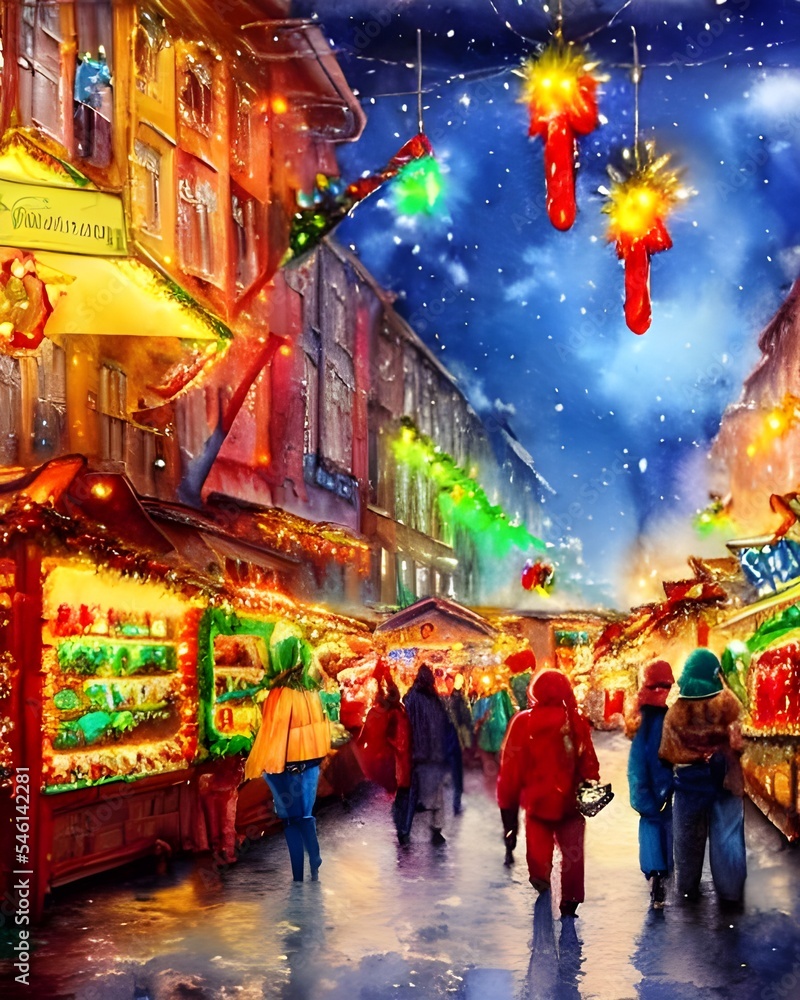 It's a chilly christmas market evening. The stalls are all aglow with fairy lights, and the smell of hot mulled wine and gingerbread fills the air. shoppers bustle to and fro, huddled in their coats It's a chilly christmas market evening. The stalls are all aglow with fairy lights, and the smell of hot mulled wine and gingerbread fills the air. shoppers bustle to and fro, huddled in their coats