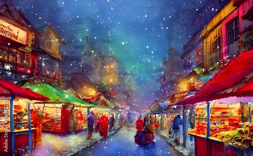 The Christmas market is full of people enjoying the festive atmosphere. The stalls are decorated with lights and there is a feeling of excitement in the air.