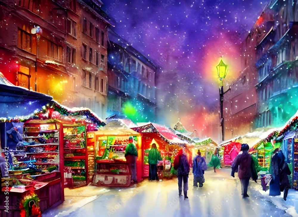 Obraz premium I'm walking through the Christmas market, looking at all the pretty lights and different stands. I stop at a stand that's selling hot chocolate and get myself a cup. I keep walking and eventually make