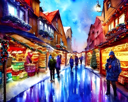 The Christmas market is open and the stalls are starting to get busy. The smells of roasted chestnuts and gingerbread fill the air as people wander around, looking at the different trinkets on offer.  © dreamyart