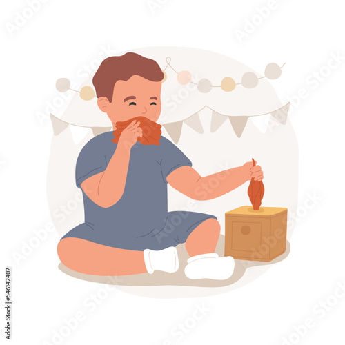 Use of tissue isolated cartoon vector illustration. Montessori preschool, tissue box toy, child using napkin, preschooler helps himself, cleaning face, exercise, practical life vector cartoon.