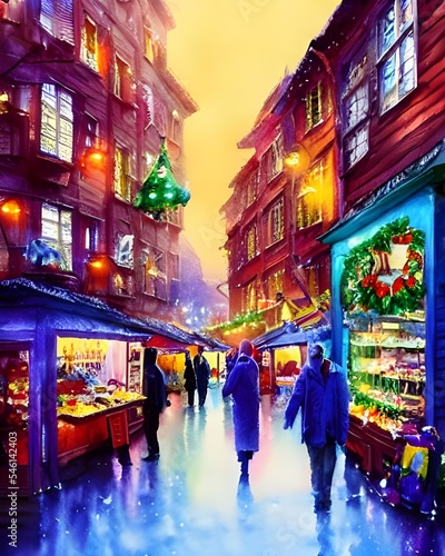 The air is full of the smell of roasted chestnuts and cinnamon. Stallholders are calls out to passersby, trying to tempt them with their wares. The ground is covered in a layer of snow, which crunches © dreamyart