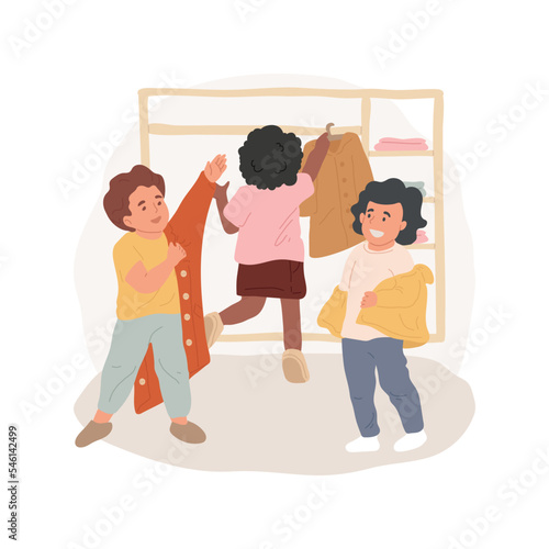 Getting dressed isolated cartoon vector illustration. Preschool education, montessori method, toddler putting coat on, child taking off jacket, hanging up clothes, kindergarten vector cartoon.