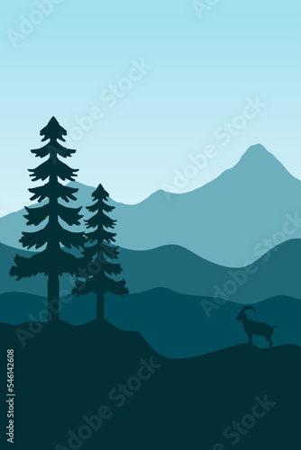 Landscapes with mountain peaks and trees  hills  animals.